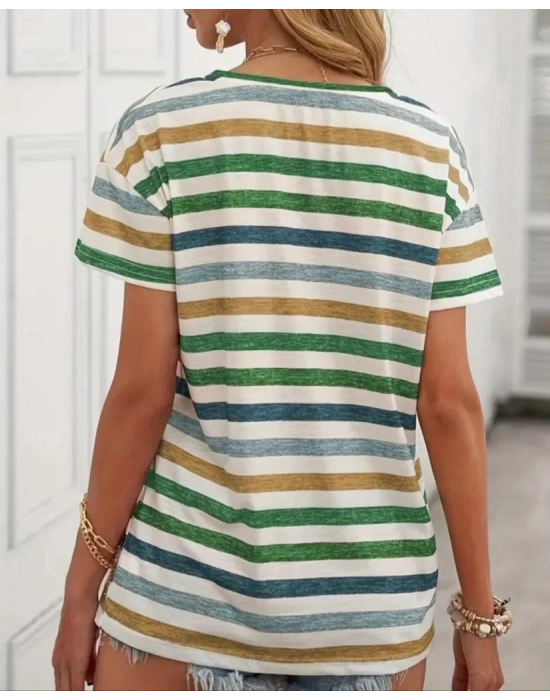 Kadın Kısa Kollu V Yaka çizgili Süprem T-shirt