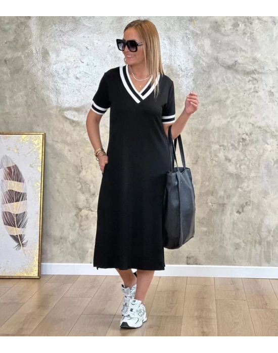 Kadın Kısa Kollu V Yaka Kol Ve Yaka Ribana Detay Midi Boy Viskon Elbise