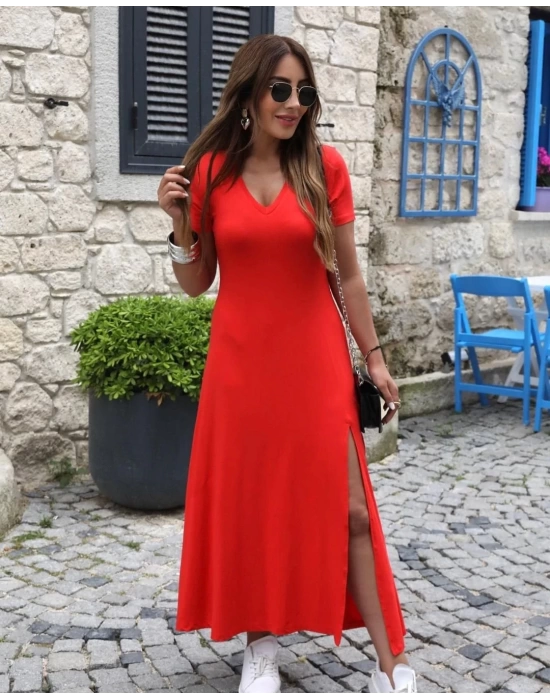 Kadın Kısa Kollu V Yaka Maxi Boy Elbise 124 Cm