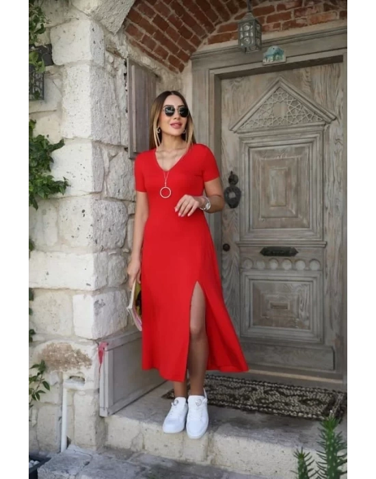 Kadın Kısa Kollu V Yaka Maxi Boy Elbise 124 Cm