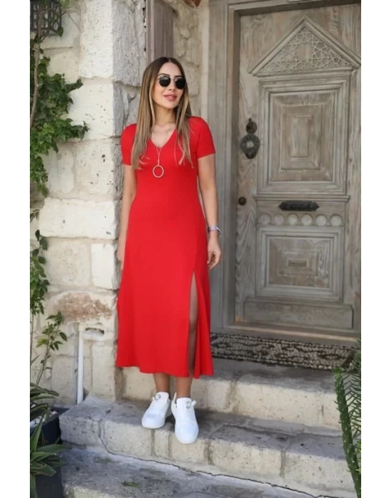 Kadın Kısa Kollu V Yaka Maxi Boy Elbise 124 Cm