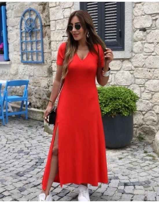 Kadın Kısa Kollu V Yaka Maxi Boy Elbise 124 Cm