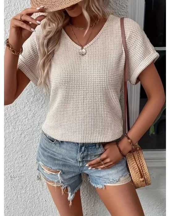 Kadın Kısa Kollu V Yaka Sırt Düğme Detay Triko Bluz