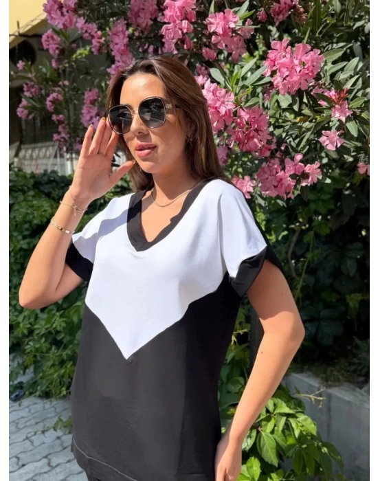 Kadın Kısa Kollu V Yaka Siyah Beyaz Renkli Viskon Iki Iplik Kumaş Eşofman Takımı