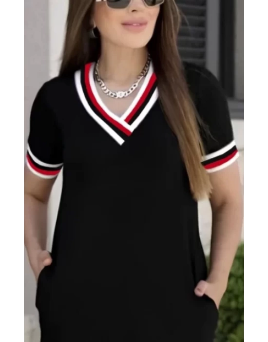 Kadın Kısa Kollu V Yaka Ve Yaka Ribana Detay Midiboy Viskon Elbise