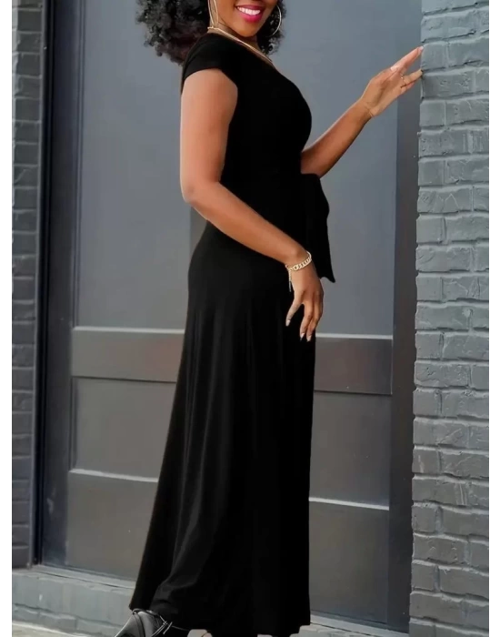 Kadın Kısa Kollu V Yakalı Belden Kuşaklı Maksi Boy Viskon Elbise