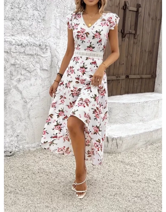 Kadın Kısa Kollu V Yakalı çiçek Desenli önü Kısa Arkası Uzun Süprem Elbise