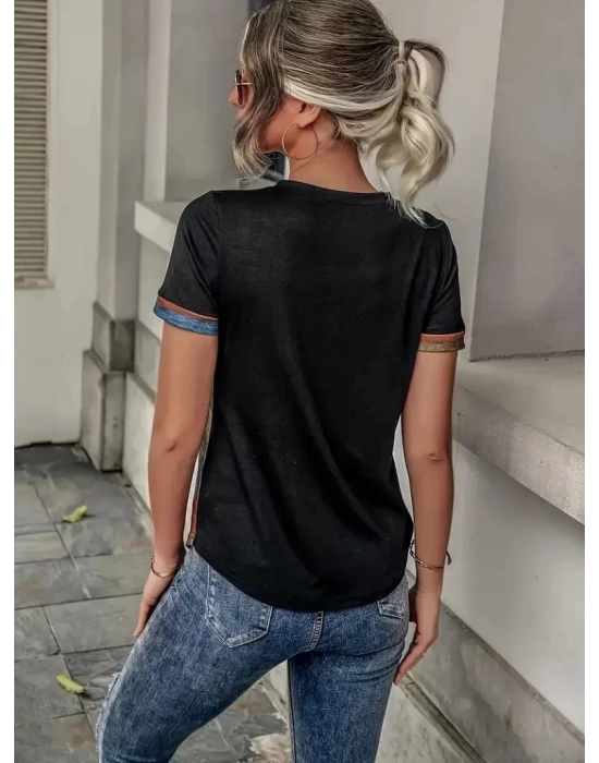 Kadın Kısa Kollu V Yakalı Düğmeli çok Renkli Süprem Bluz