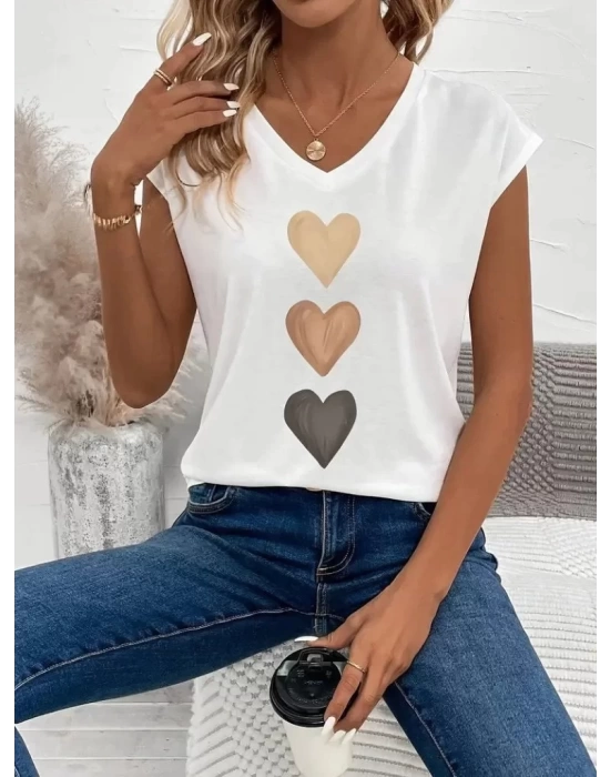 Kadın Kısa Kollu V Yakalı Kalp Desen Viskon Bluz