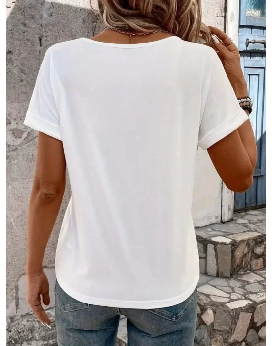 Kadın Kısa Kollu V Yakalı şerit Detaylı Viskon Bluz