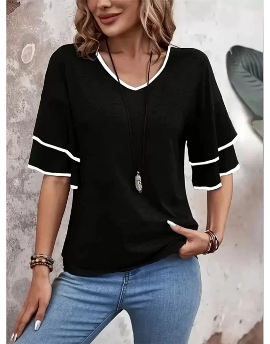 Kadın Kısa Kollu V Yakalı Viskon Bluz