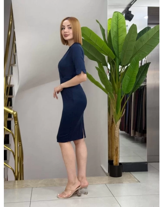 Kadın Kısa Kollu Yakalı Kruvaze Yakalı Beli Kemerli Midi Modal Elbise
