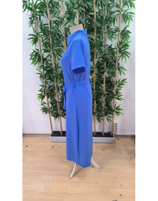Kadın Kısa Kollu Yakalı önden Düğmeli Beli Kuşaklı Ithal Keten Elbise