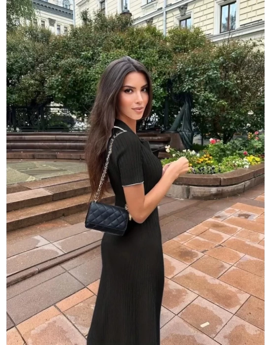 Kadın Kısa Kollu Yakalı önden Düğmeli Maxi Triko Elbise