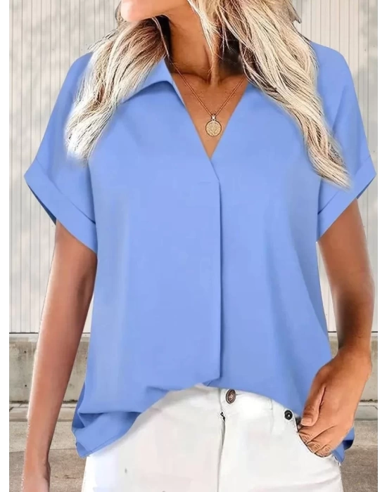 Kadın Kısa Kollu Yakalı Uzun Sandy Bluz