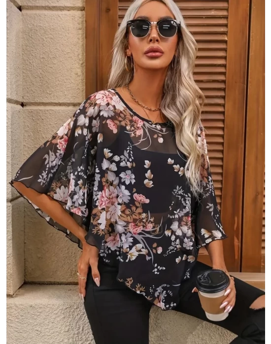 Kadın Kısa Kollu Yuvarlak Yaka çiçek Baskılı Asimetrik Kesim şifon Bluz