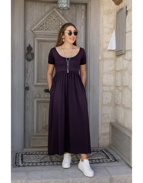 Kadın Kısa Kollu Yuvarlak Yaka önden Yırtmaçlı Cepli Viskon Uzun Elbise