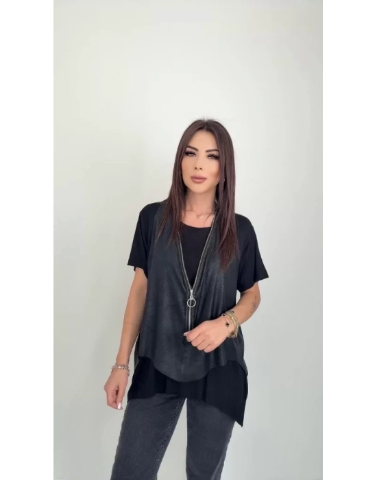 Kadın Kısa Kollu Yuvarlak Yaka Viskon Bluz + Kolsuz Fermuarlı çatlak Deri Yelek