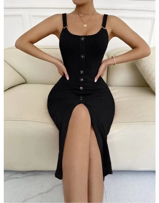 Kadın Kolsuz Askı Halka Detay önü Düğmeli Midi Boy Yırtmaçlı Fitilli Kaşkorse Elbise