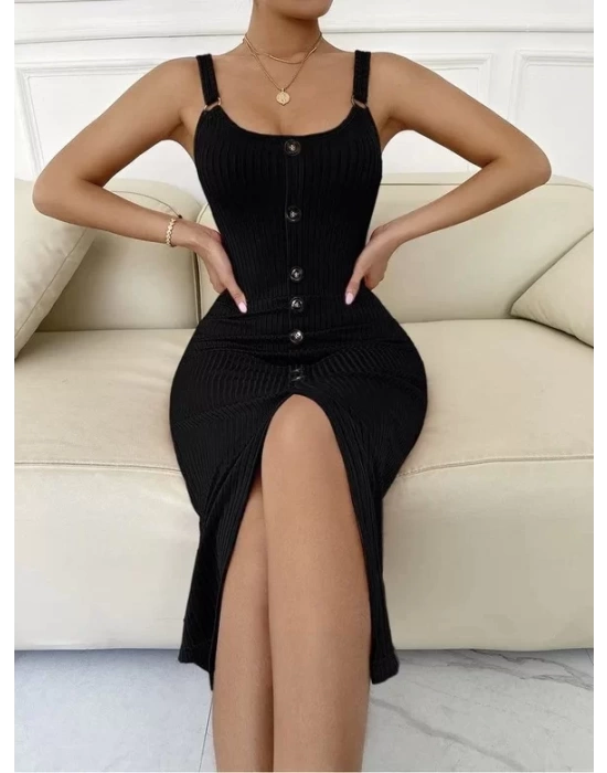 Kadın Kolsuz Askı Halka Detay önü Düğmeli Midi Boy Yırtmaçlı Fitilli Kaşkorse Elbise