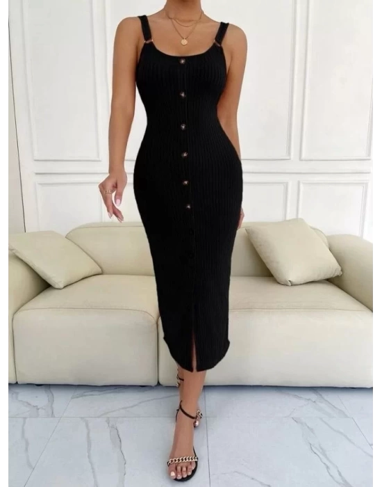 Kadın Kolsuz Askı Halka Detay önü Düğmeli Midi Boy Yırtmaçlı Fitilli Kaşkorse Elbise
