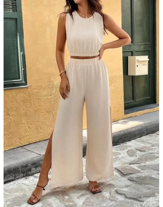 Kadın Kolsuz Beli Lastikli Atlet Ve Yırtmaç Detay Pantolon Ikili Takım