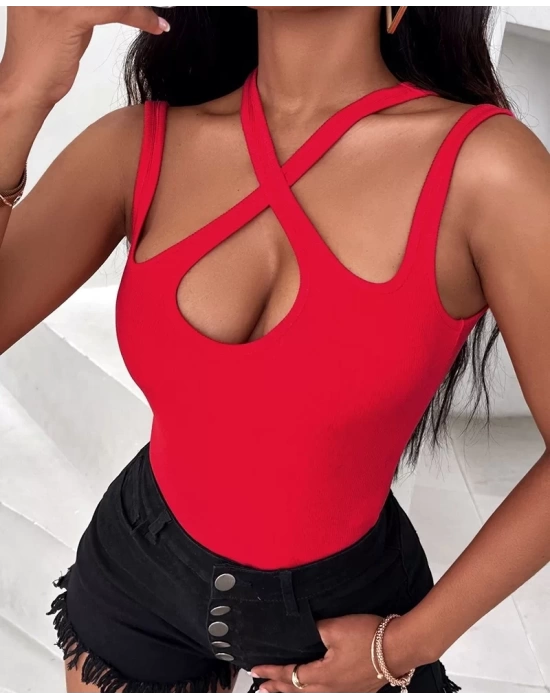 Kadın Kolsuz Boyundan çapraz Geçirmeli Göğüs Damla Detay Kaşkorse Bluz