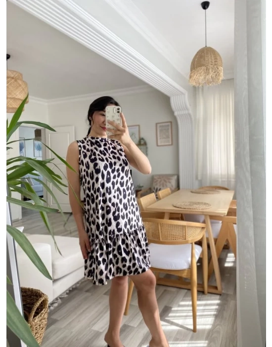 Kadın Kolsuz Sırttan Bağlamalı Fırfırlı Leopar Desenli Süprem Elbise