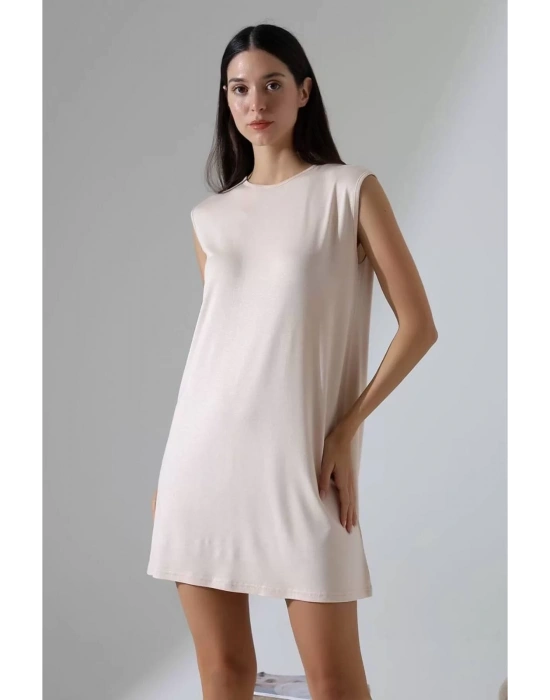 bysoca Kadın Krem Oversize Vatka Detaylı Kolsuz Bisiklet Yaka Basic Viskon Tunik Elbise
