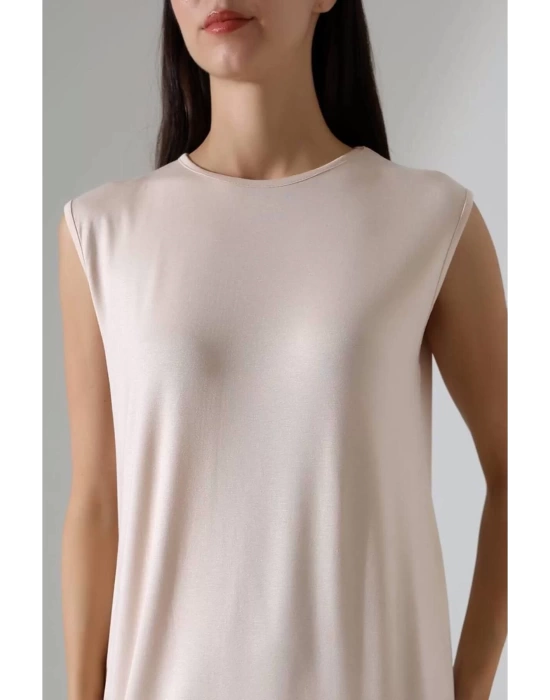 bysoca Kadın Krem Oversize Vatka Detaylı Kolsuz Bisiklet Yaka Basic Viskon Tunik Elbise