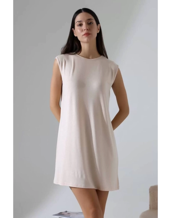 bysoca Kadın Krem Oversize Vatka Detaylı Kolsuz Bisiklet Yaka Basic Viskon Tunik Elbise