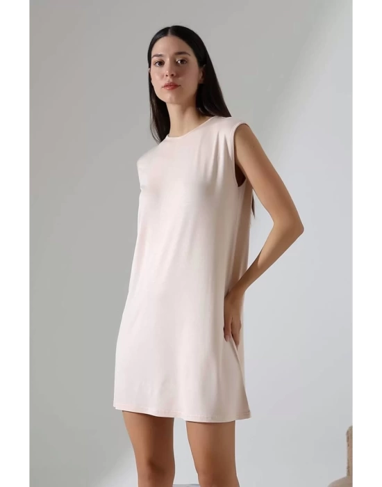 bysoca Kadın Krem Oversize Vatka Detaylı Kolsuz Bisiklet Yaka Basic Viskon Tunik Elbise