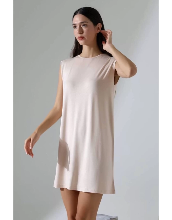 bysoca Kadın Krem Oversize Vatka Detaylı Kolsuz Bisiklet Yaka Basic Viskon Tunik Elbise