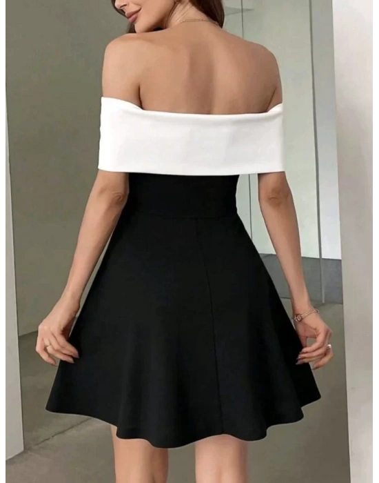 Kadın Krep Kumaş Omuzsuz Kloş Kesim Mini Elbise