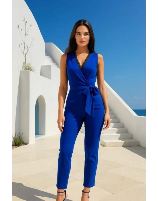 Kadın Kruvaze Yaka Dantel Güpür Ve Kuşak Detay Tulum