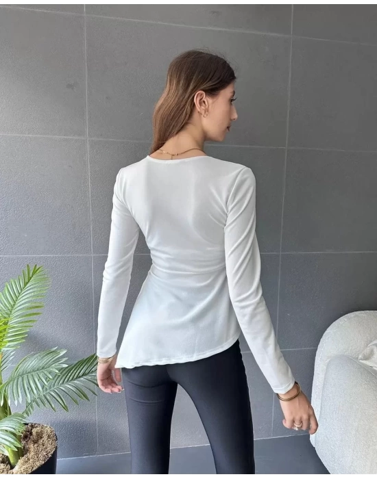 Kadın Kruvaze Yaka Kemer Detay Asimetrik Kesim Bluz