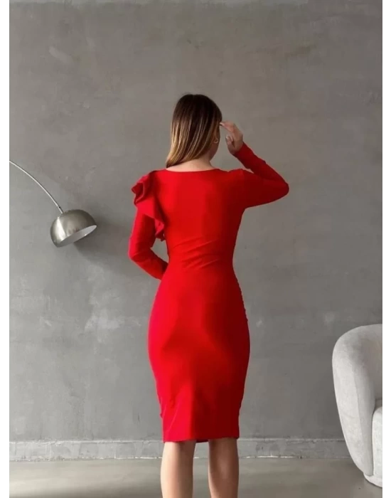 Kadın Kruvaze Yaka Volan Detay Midi Boy Fırsat ürün Elbise