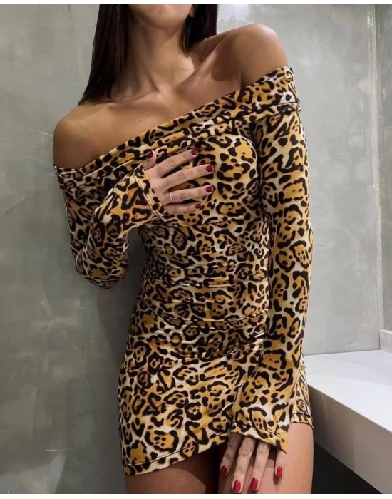Kadın Madonna Mendil Yaka Leopar Desen Mini Elbise