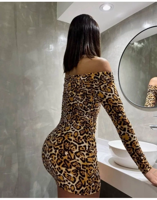 Kadın Madonna Mendil Yaka Leopar Desen Mini Elbise
