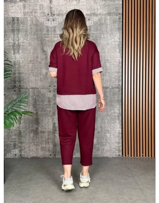 Kadın Modal Kumaş çizgili Gömlek Yaka Ikili Takım