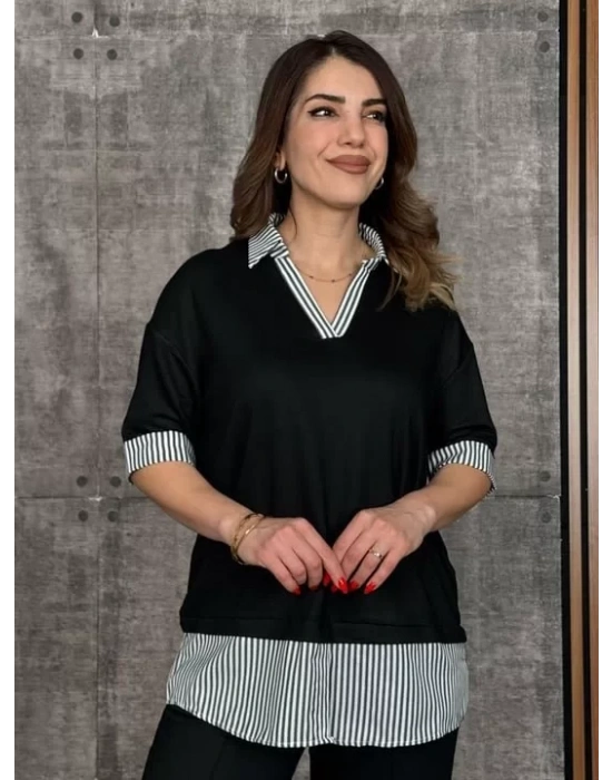 Kadın Modal Kumaş çizgili Gömlek Yaka Ikili Takım