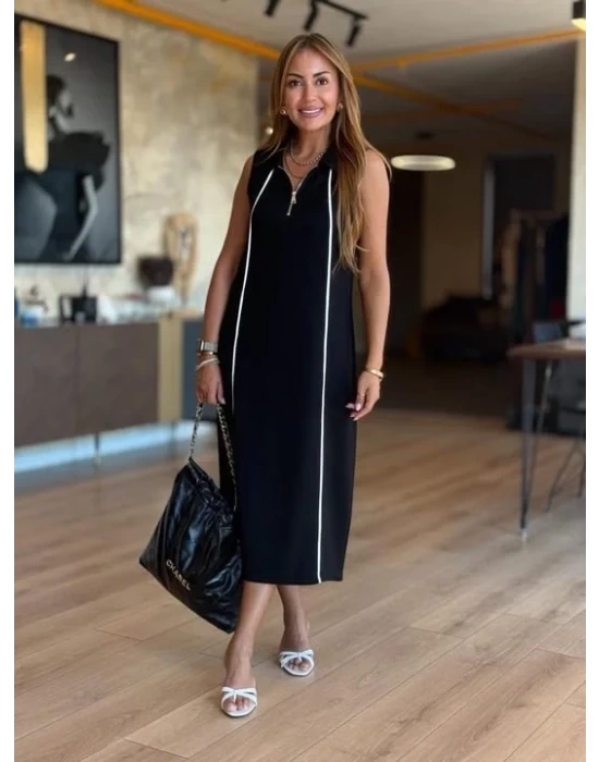 Kadın Modal Kumaş şerit Detaylı Fermuarlı Midi Elbise