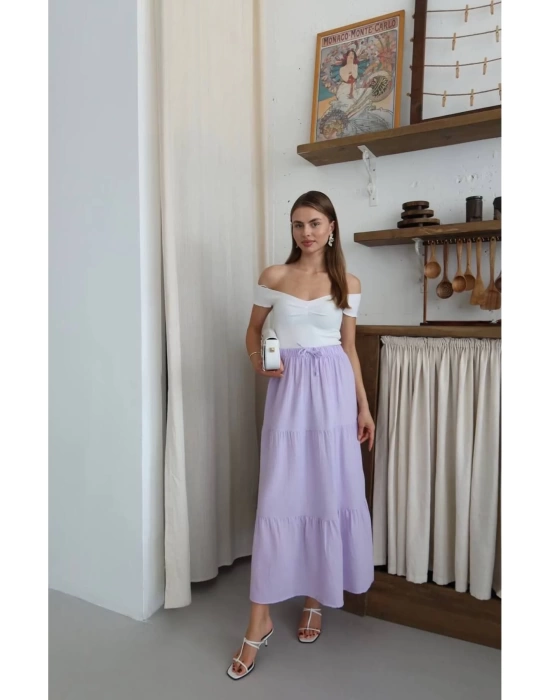 bysoca Kadın Mor Yüksek Bel Beli Lastikli ve Bağcıklı Kat Kat Bohem Yazlık Müslin Günlük Etek