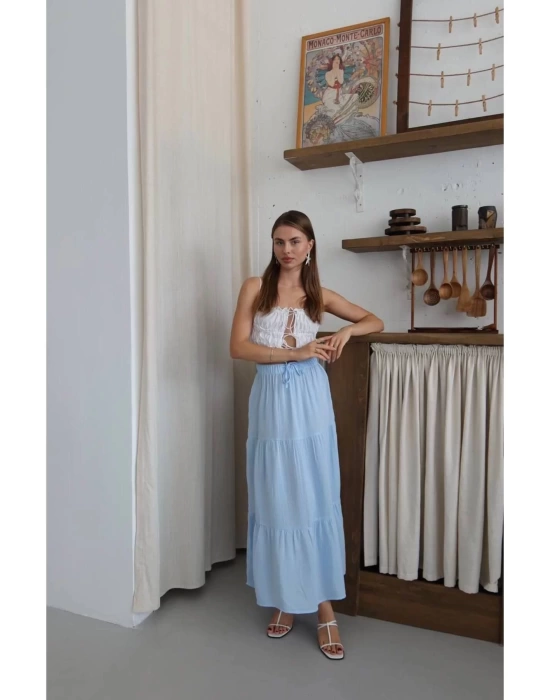 bysoca Kadın Bebe Mavi Yüksek Bel Beli Lastikli ve Bağcıklı Kat Kat Bohem Yazlık Müslin Günlük Etek