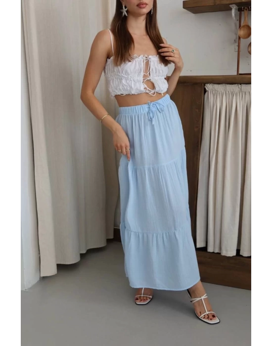 bysoca Kadın Bebe Mavi Yüksek Bel Beli Lastikli ve Bağcıklı Kat Kat Bohem Yazlık Müslin Günlük Etek