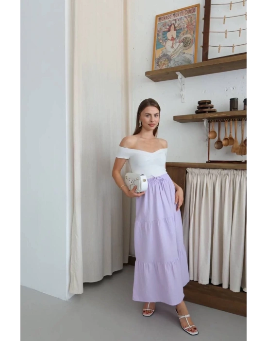 bysoca Kadın Mor Yüksek Bel Beli Lastikli ve Bağcıklı Kat Kat Bohem Yazlık Müslin Günlük Etek