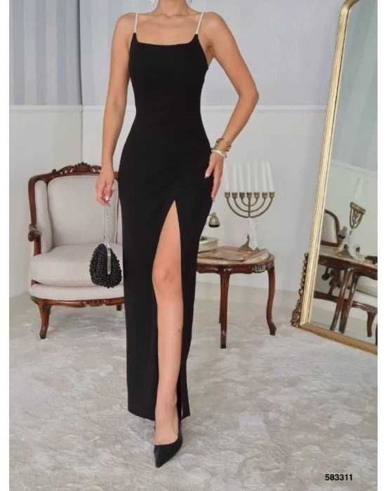 Kadın Omuz Askılı Derin Yırtmaç Detay Maxi Boy Elbise