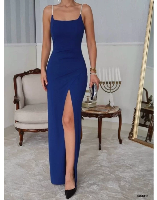 Kadın Omuz Askılı Derin Yırtmaç Detay Maxi Boy Elbise