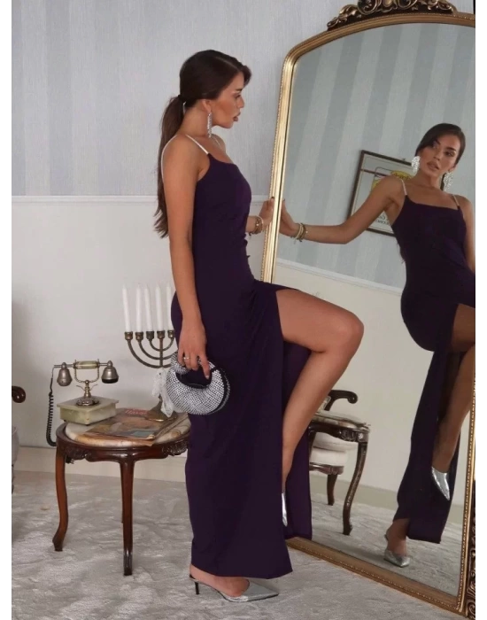 Kadın Omuz Askılı Derin Yırtmaç Detay Maxi Boy Elbise