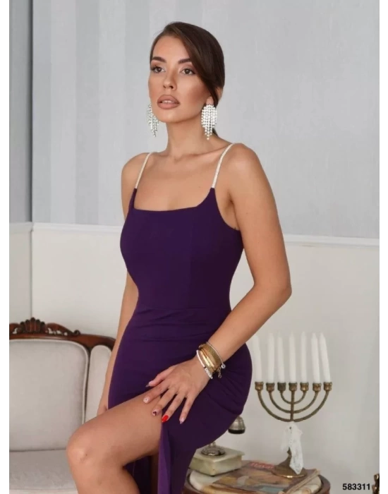 Kadın Omuz Askılı Derin Yırtmaç Detay Maxi Boy Elbise